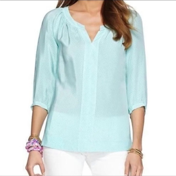 Lilly Pulitzer Tops - Lilly Pulitzer XS Silk Moxy Top Turquoise White Stripe from Bloomingdale’s!